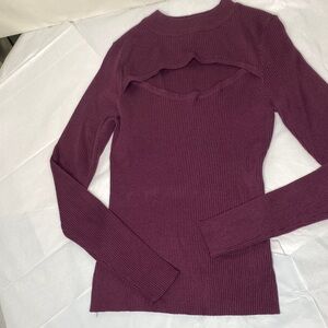 Planet Gold Ribbed Long Sleeve Cutout Top in Burgundy